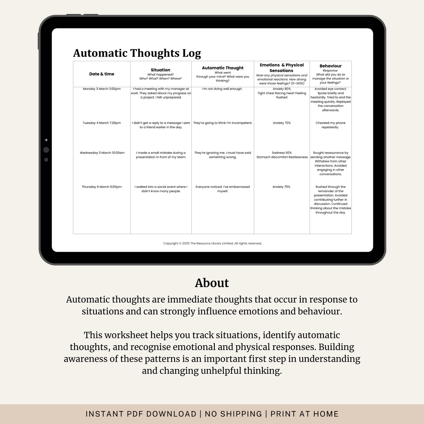 Automatic Thoughts Log Worksheet