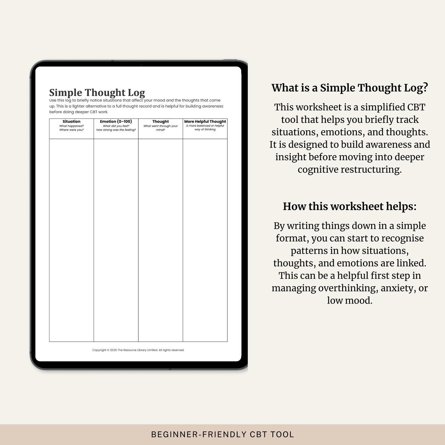 Simple Thought Log Worksheet