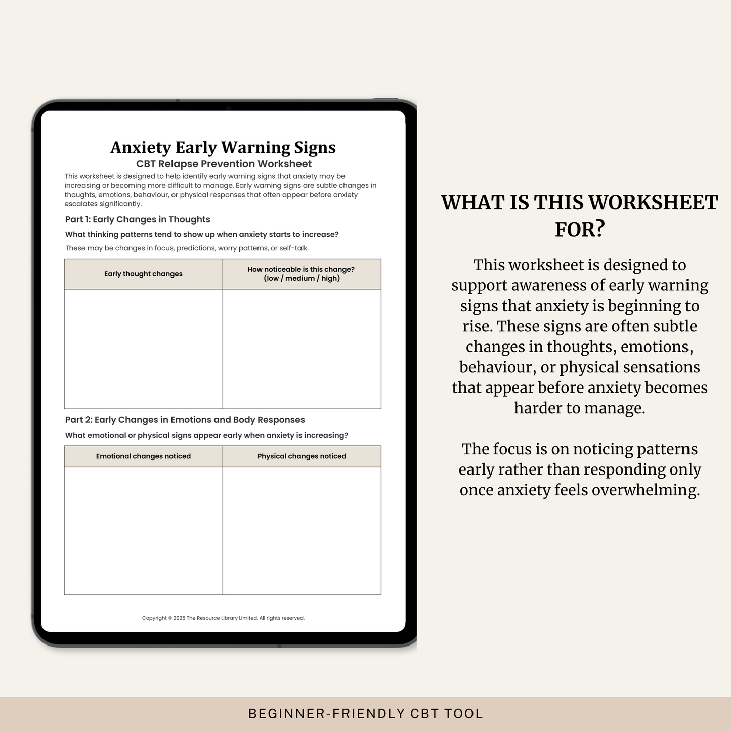 Anxiety Early Warning Signs CBT Worksheet