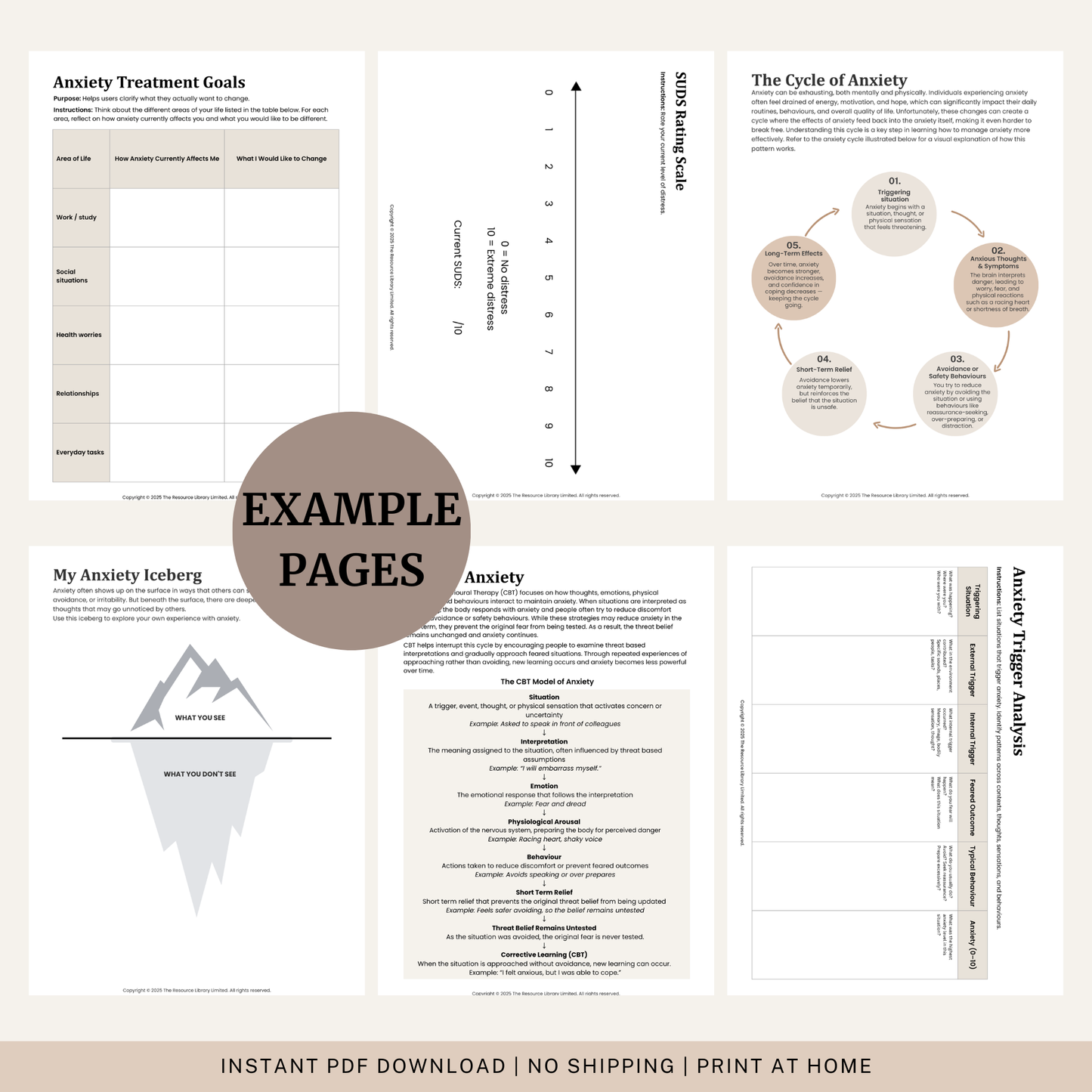 Complete Anxiety Bundle showing five printable anxiety workbooks including coping skills, exposure therapy, assessment and thought records.
