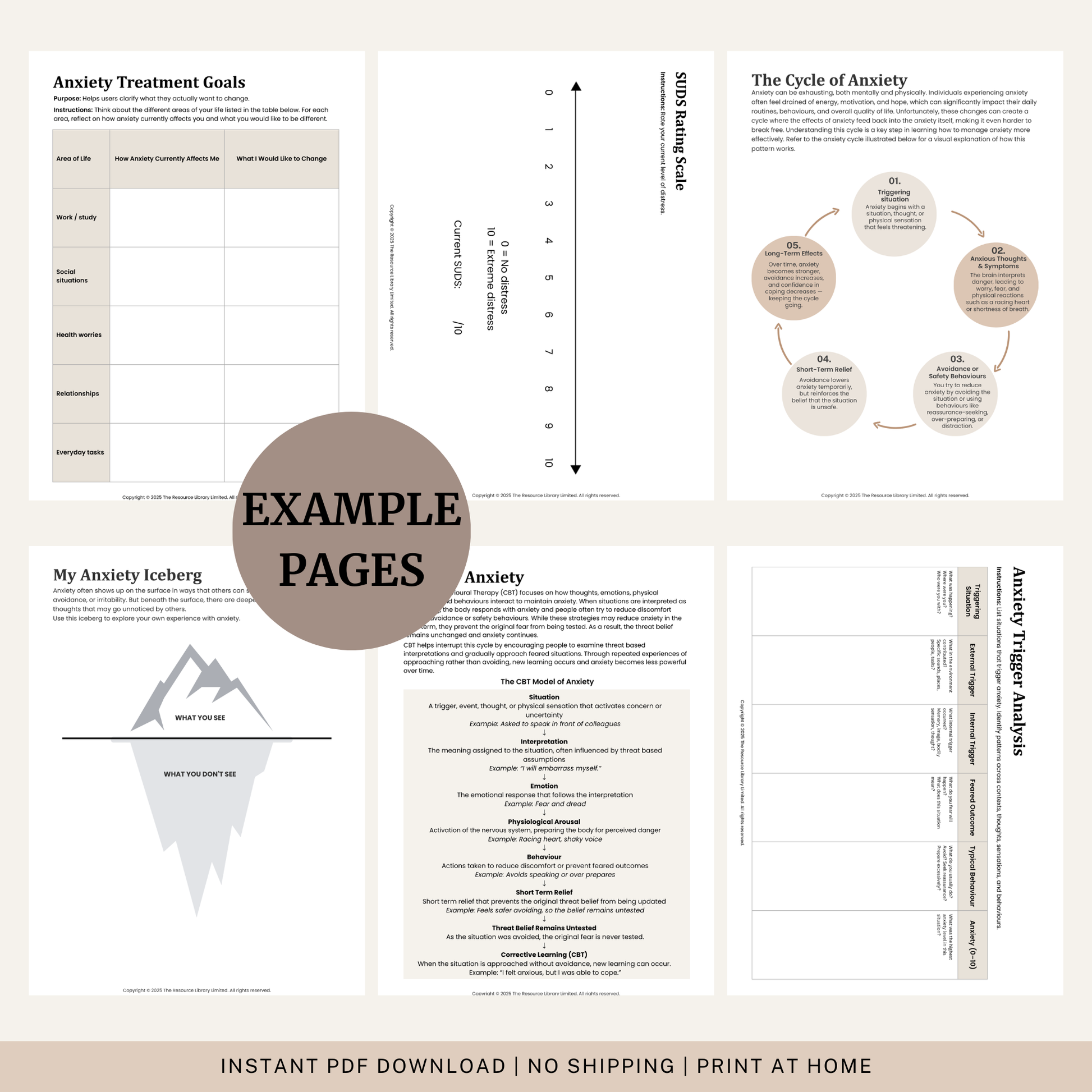 Complete Anxiety Bundle showing five printable anxiety workbooks including coping skills, exposure therapy, assessment and thought records.
