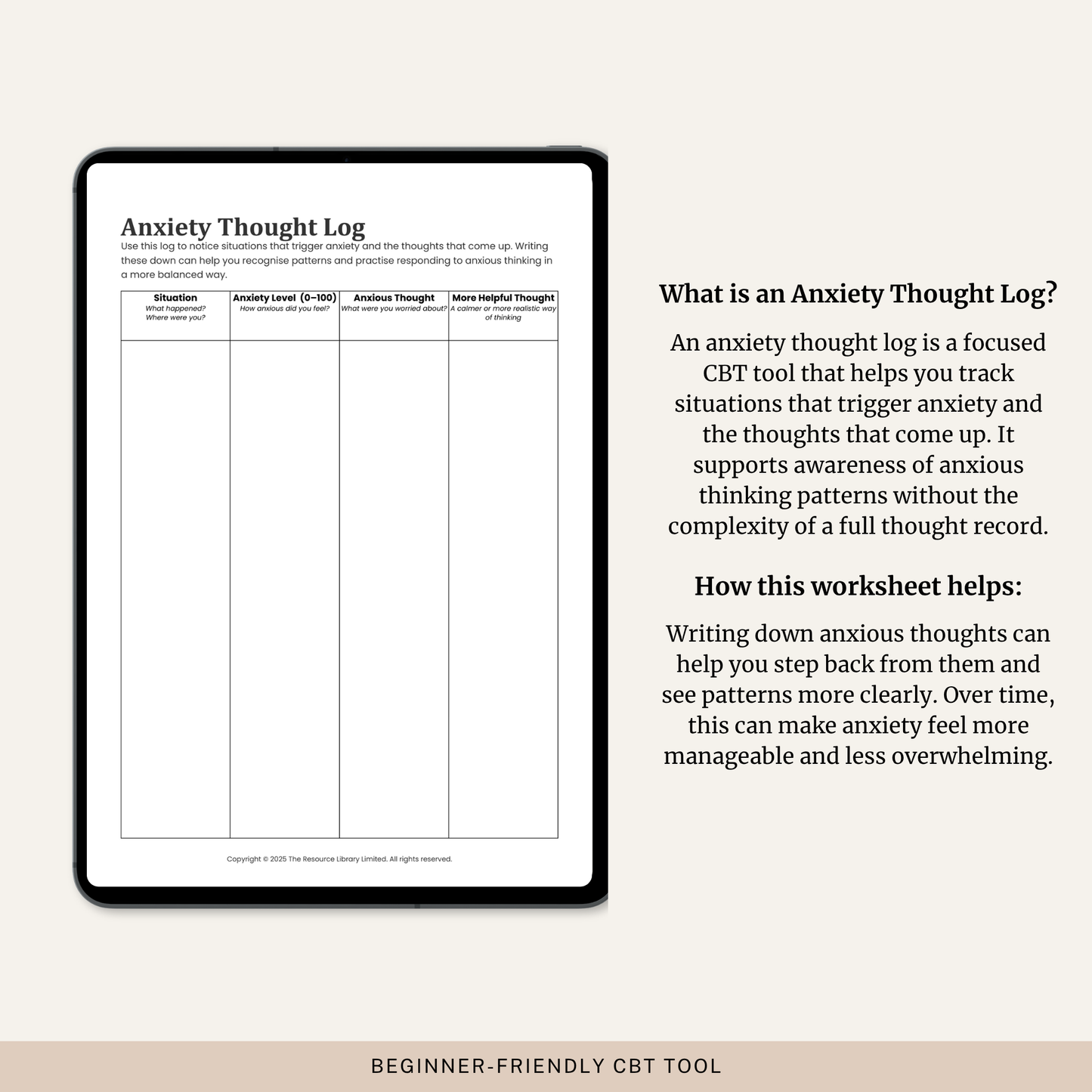 Anxiety Thought Log Worksheet