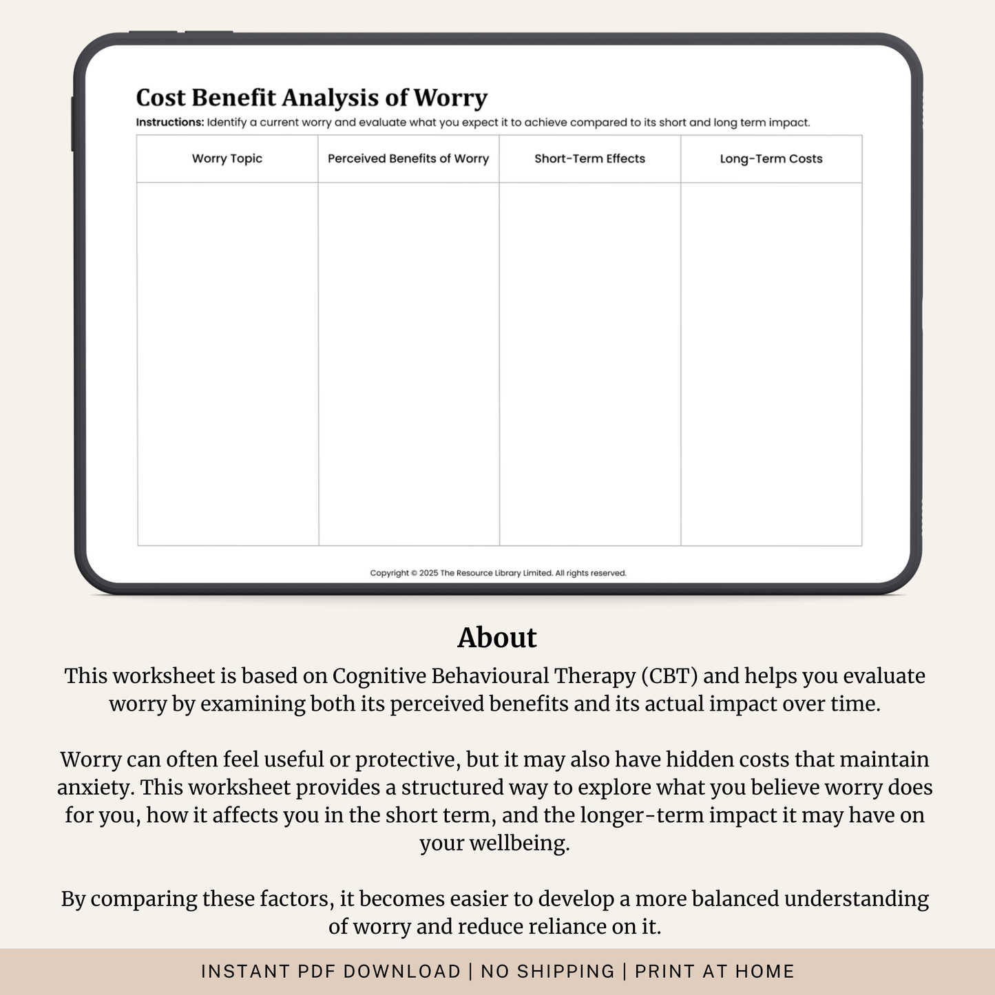 Cost Benefit Analysis of Worry Worksheet