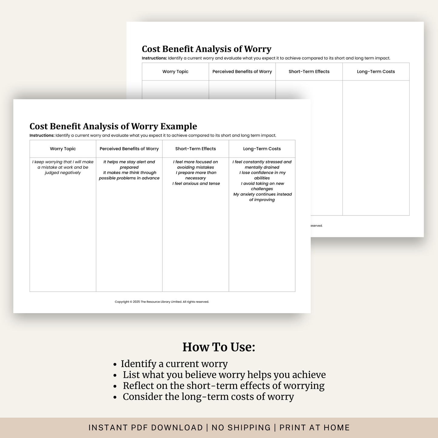 Cost Benefit Analysis of Worry Worksheet