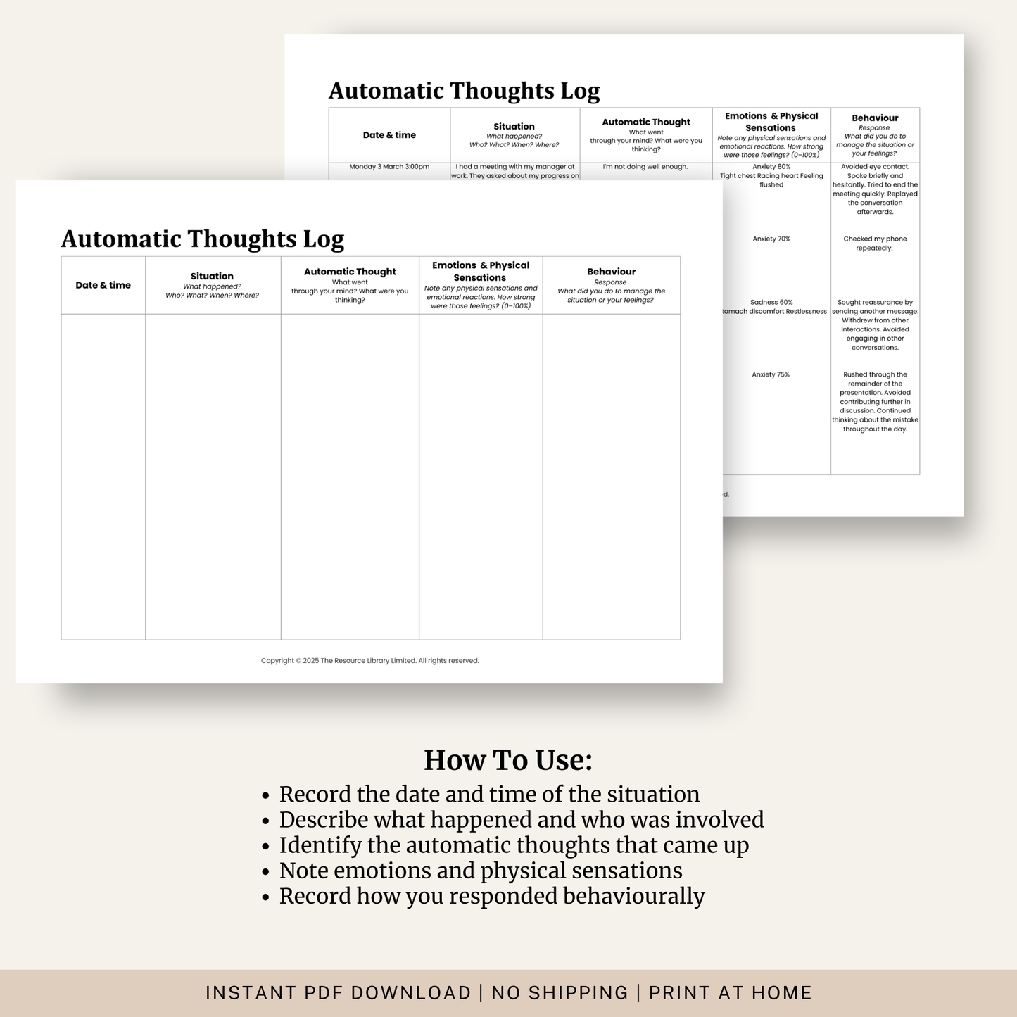 Automatic Thoughts Log Worksheet