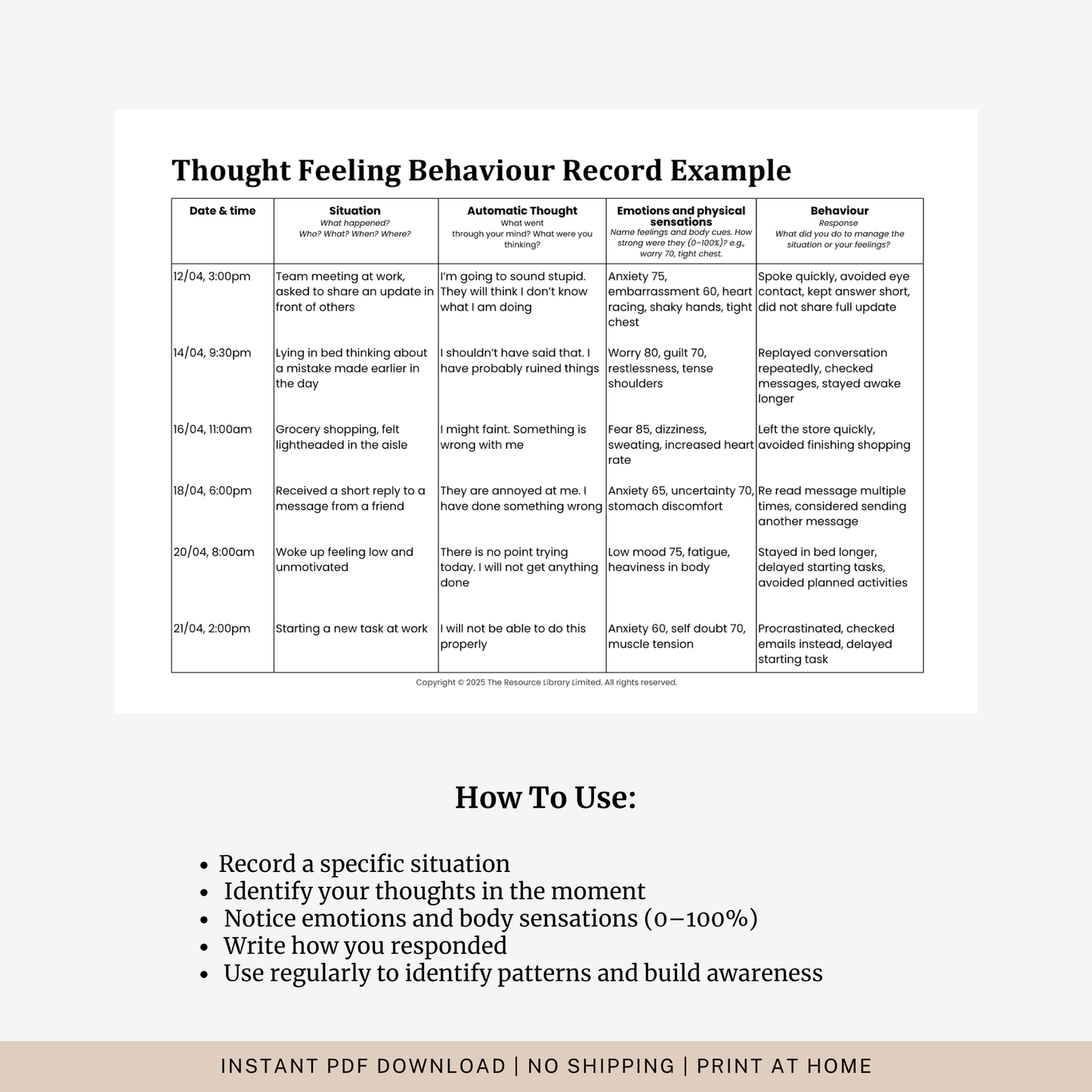 Thought Feeling Behaviour Record Worksheet