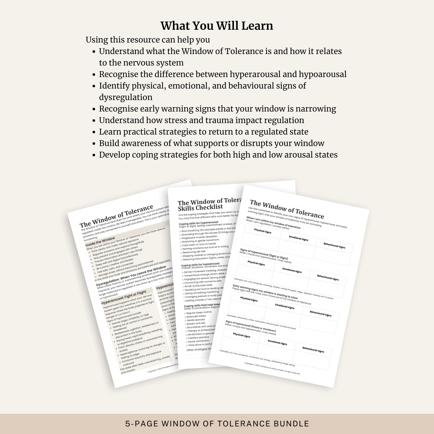 Window of Tolerance Worksheets