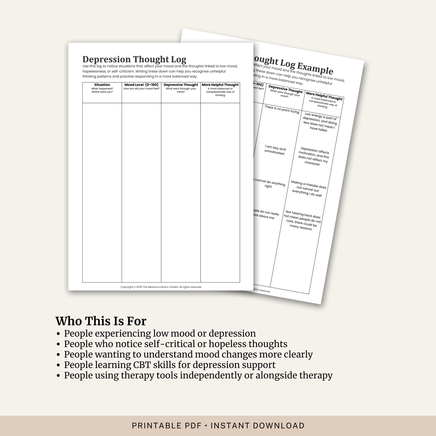 Depression Thought Log Worksheet
