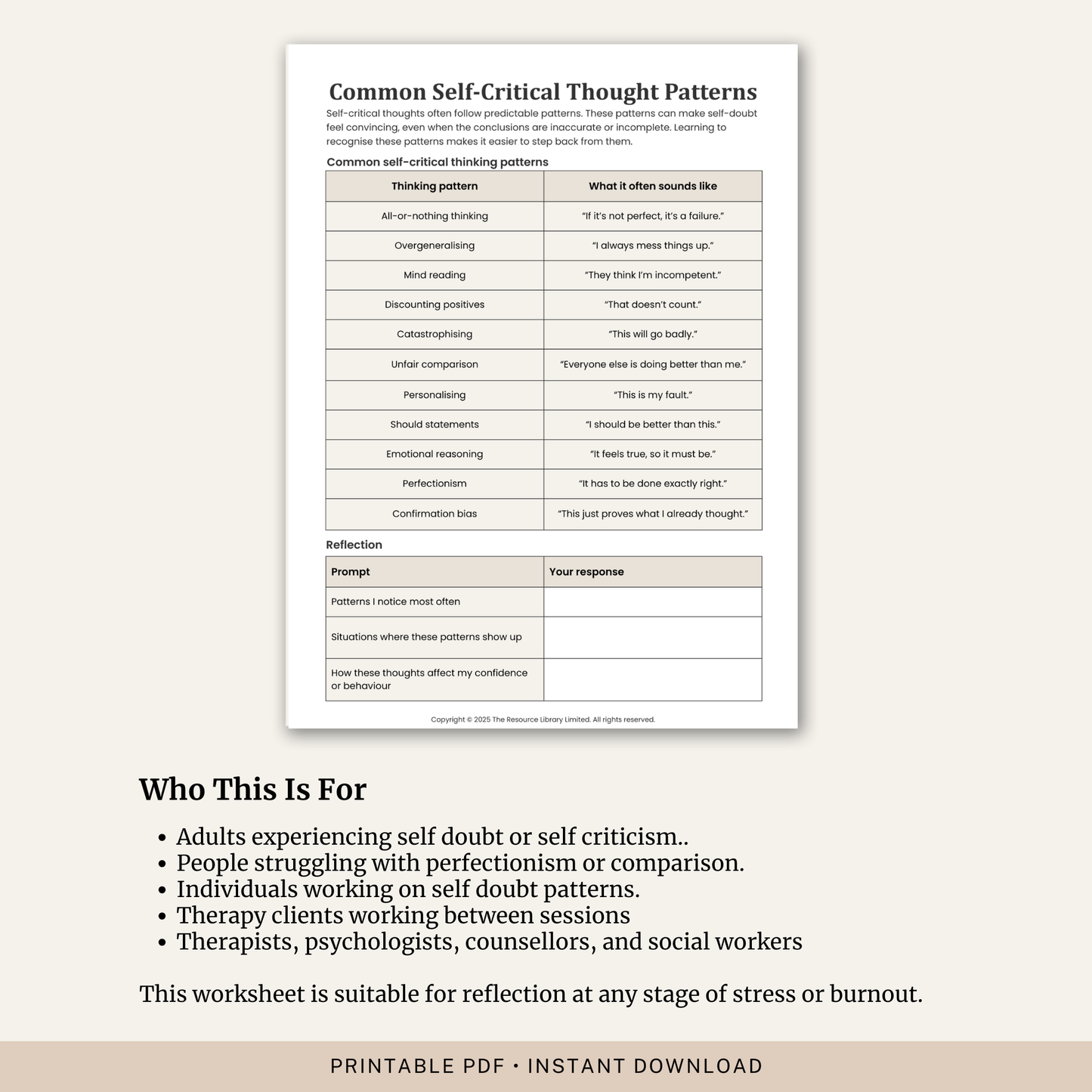 Common Self-Critical Thought Patterns Worksheet