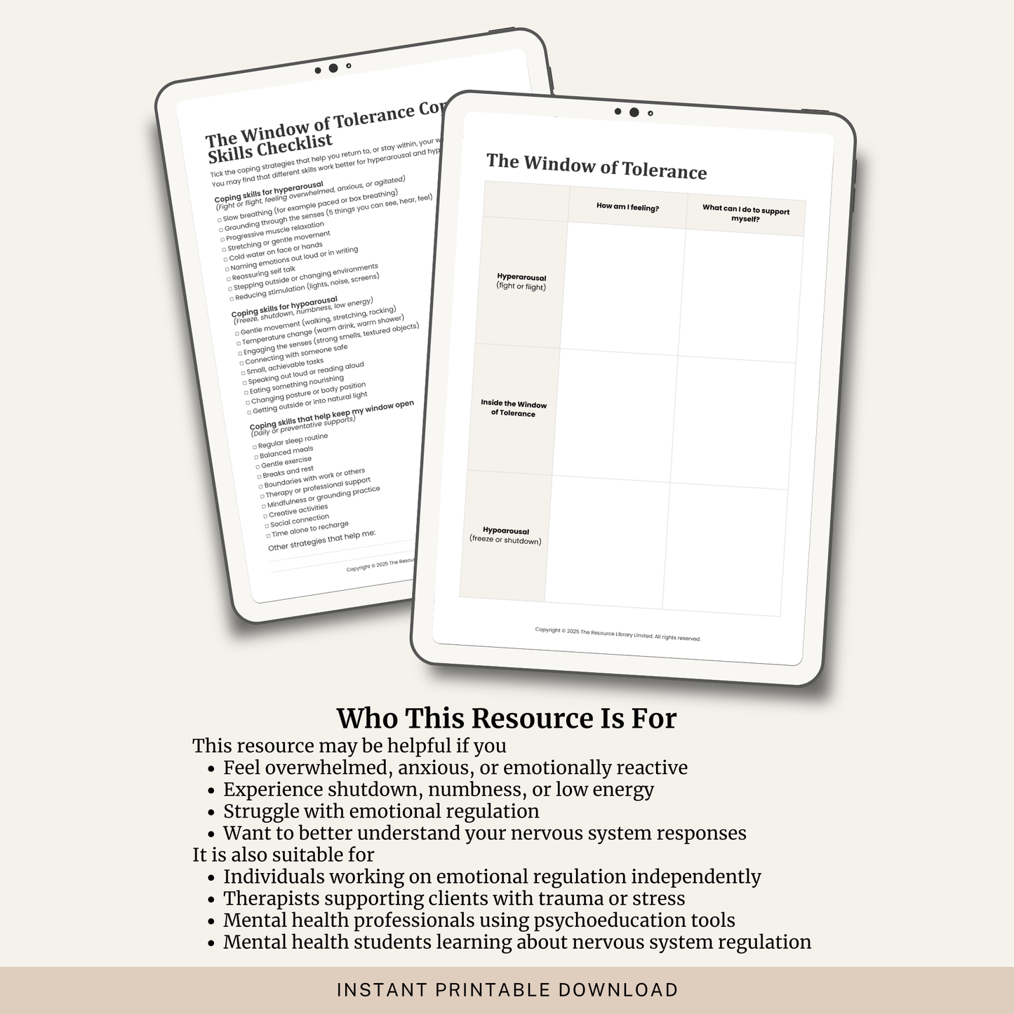 Window of Tolerance Worksheets