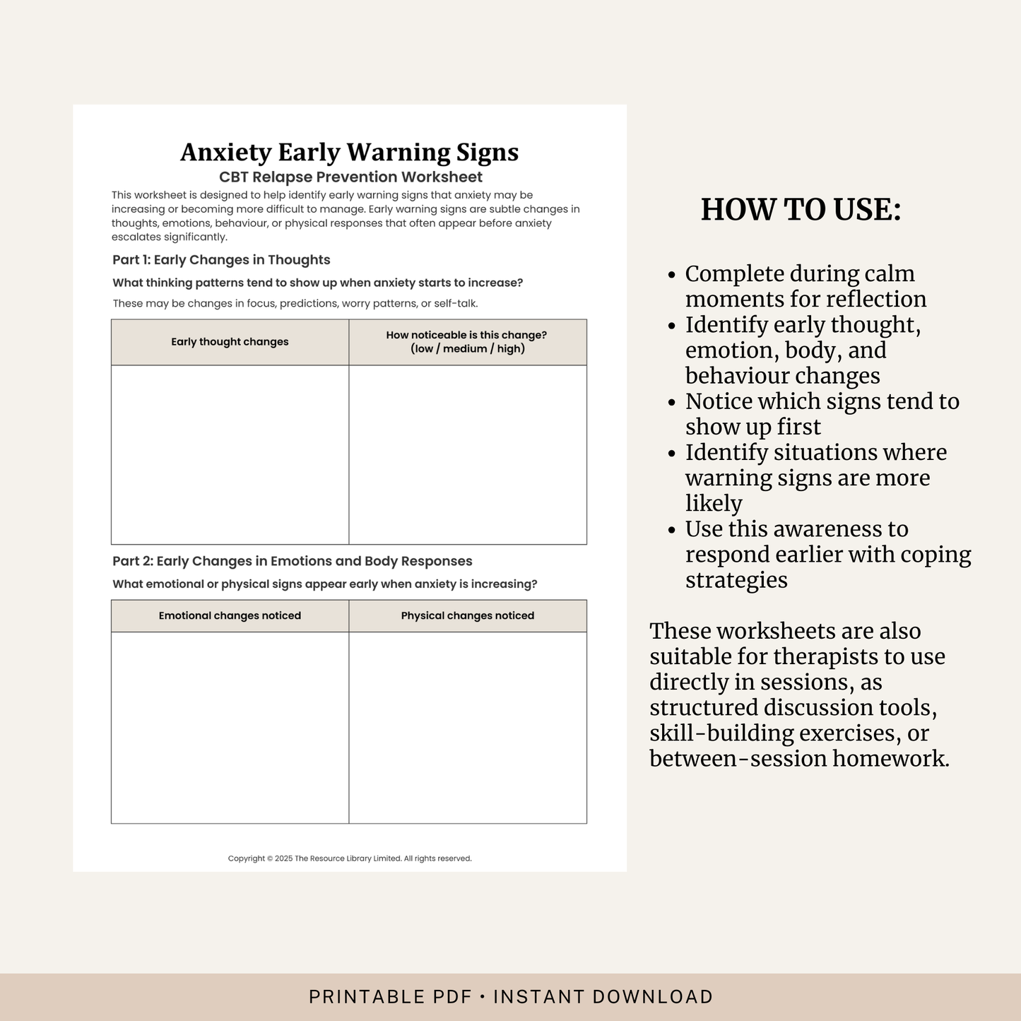 Anxiety Early Warning Signs CBT Worksheet