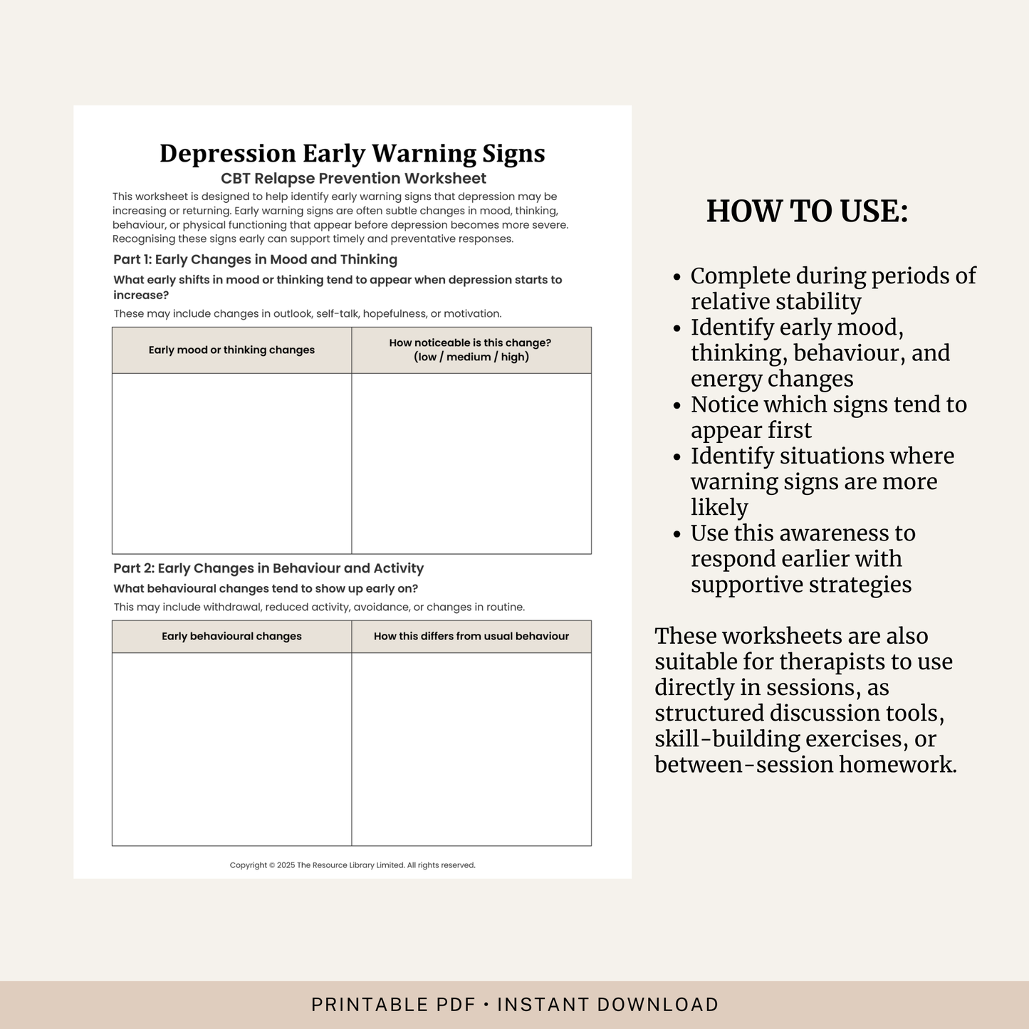 Depression Early Warning Signs Worksheet