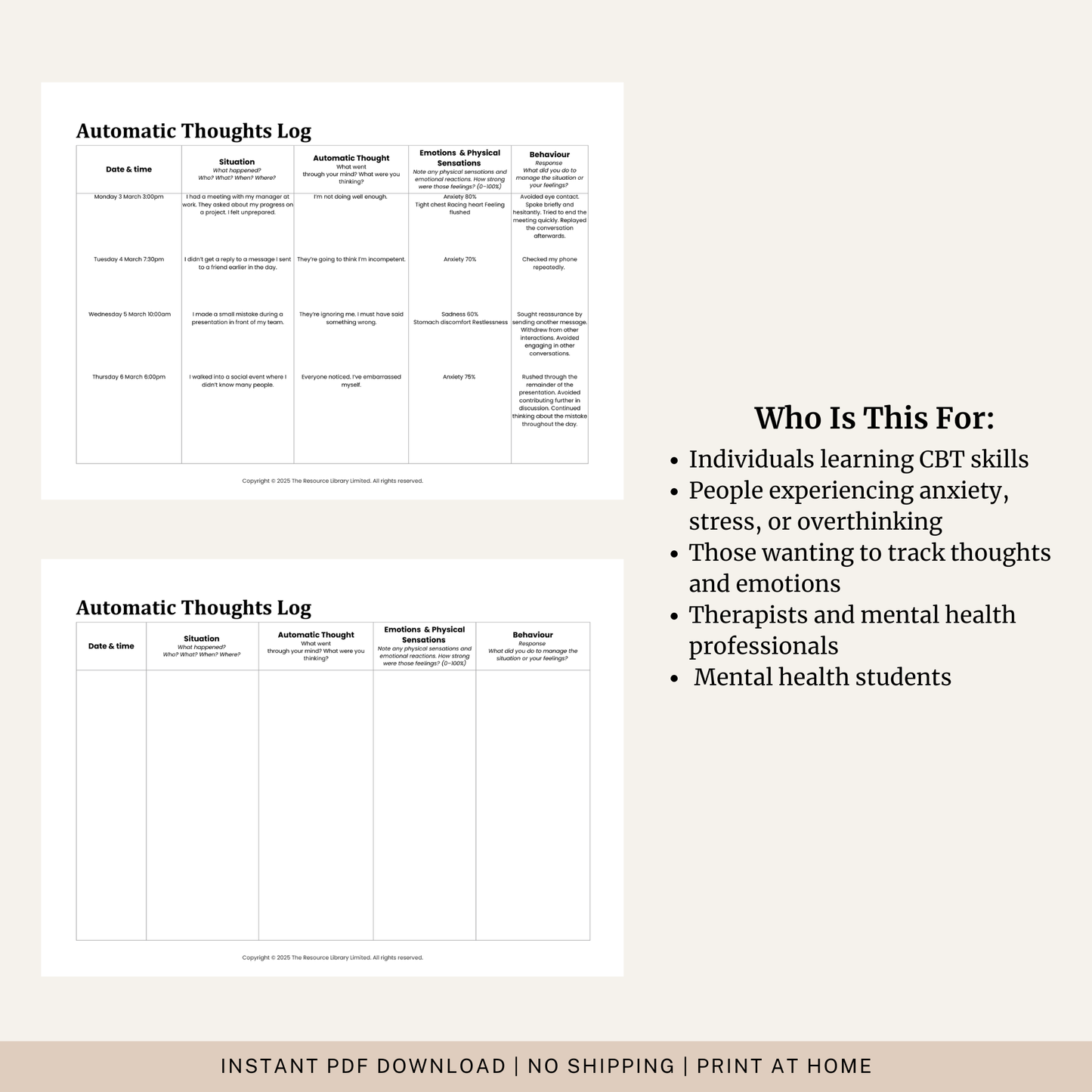 Automatic Thoughts Log Worksheet