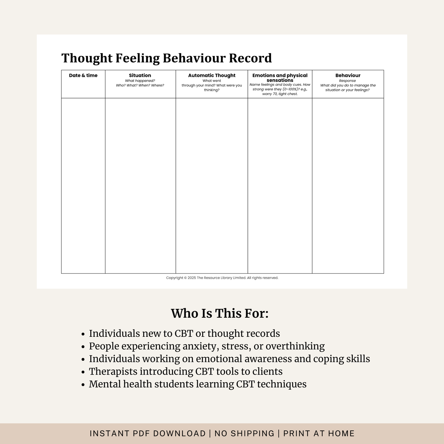Thought Feeling Behaviour Record Worksheet