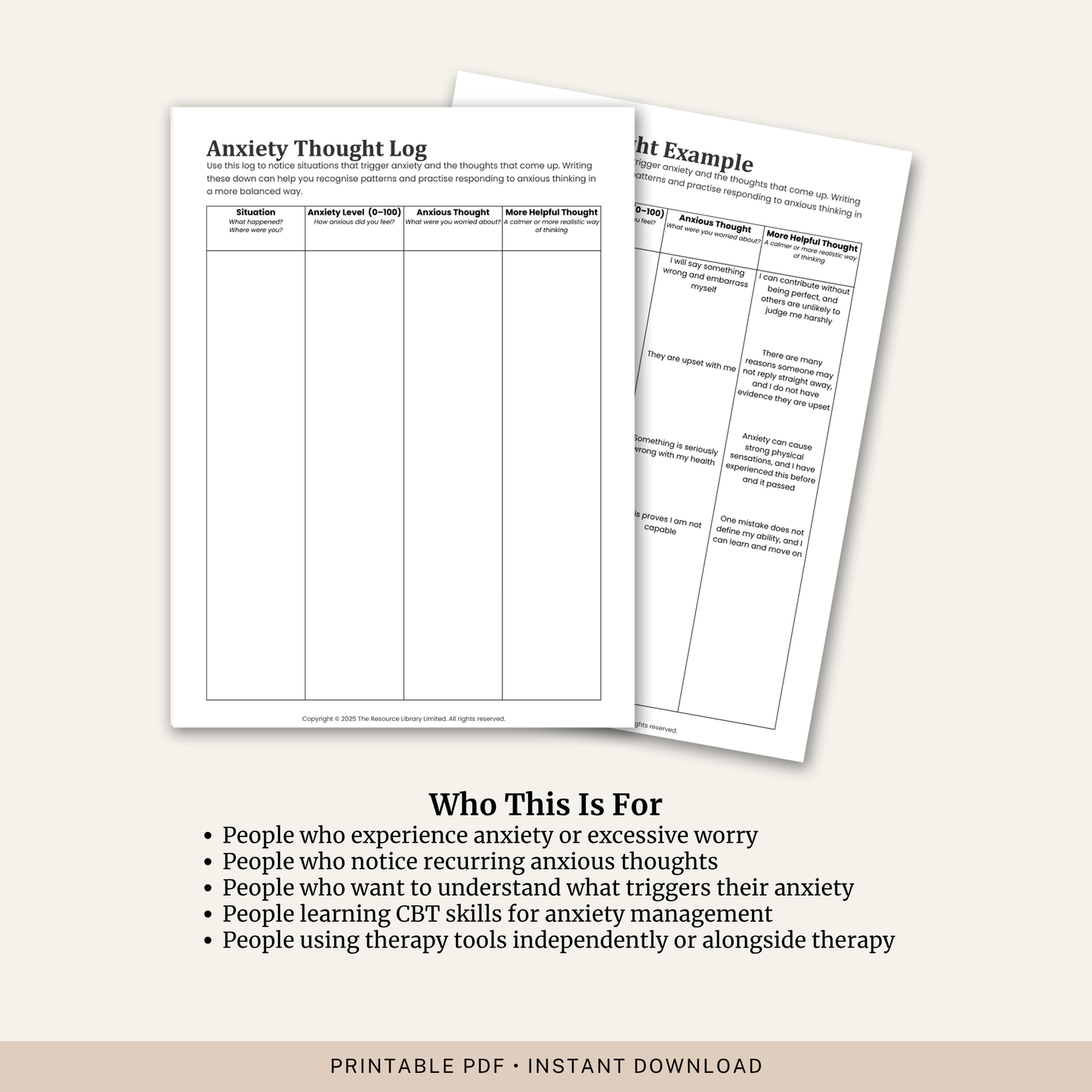 Anxiety Thought Log Worksheet