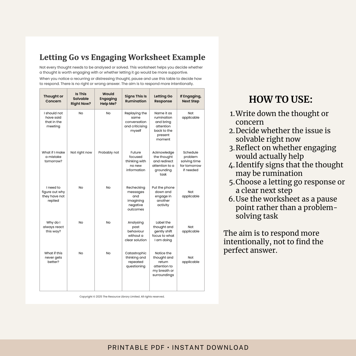 Letting Go vs Engaging Worksheet