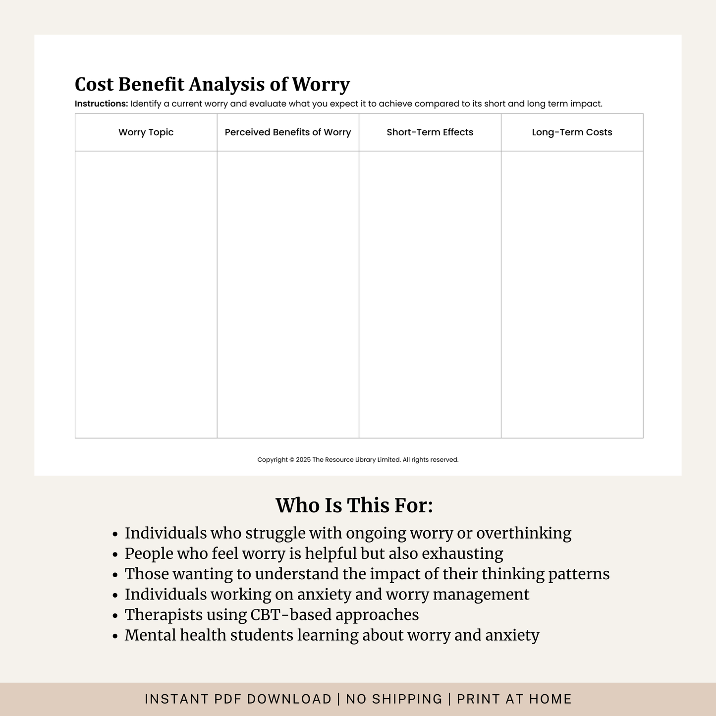 Cost Benefit Analysis of Worry Worksheet