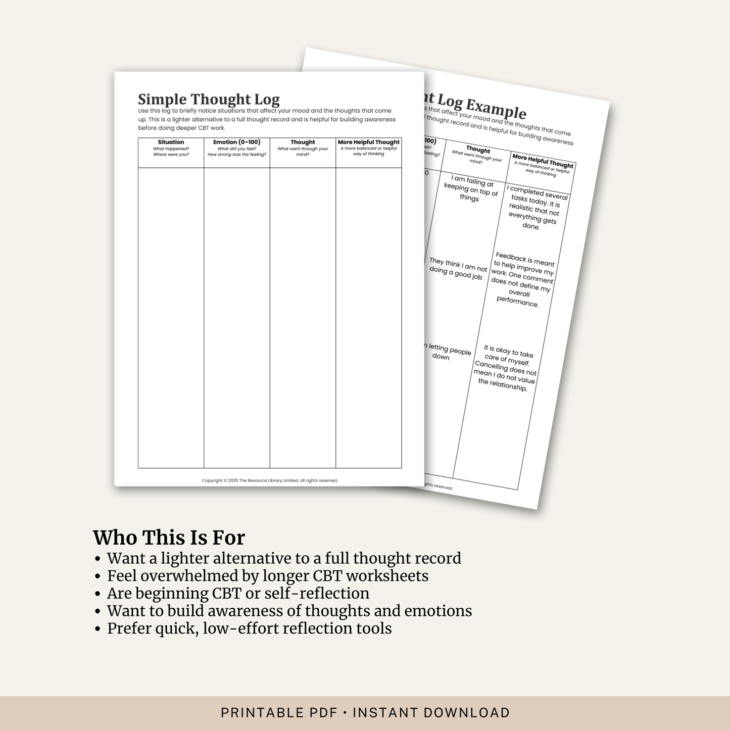 Simple Thought Log Worksheet