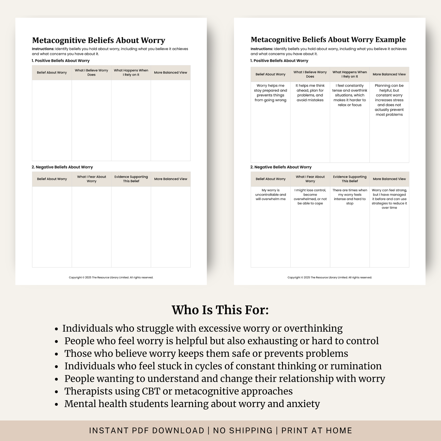 Metacognitive Beliefs About Worry Worksheet