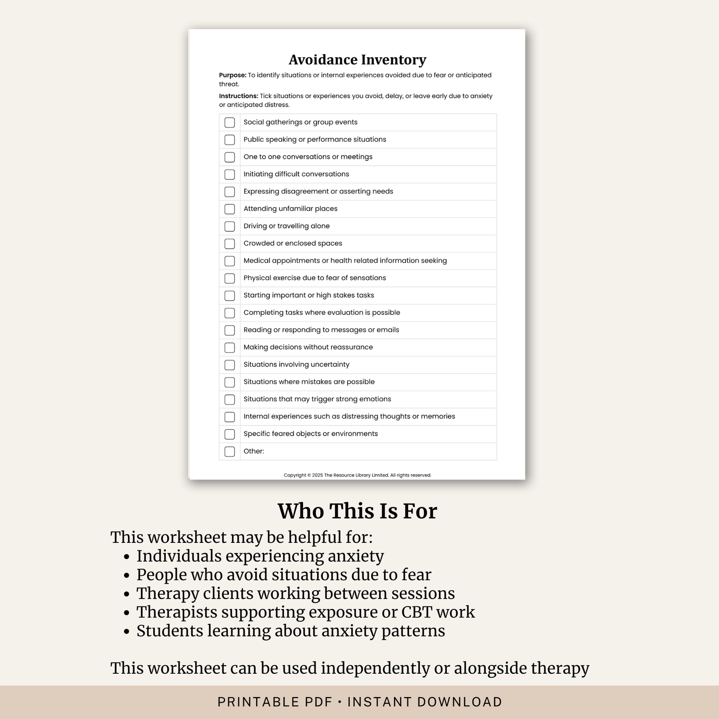 Avoidance Inventory Worksheet