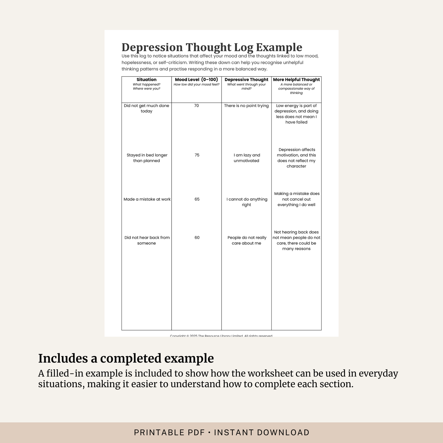Depression Thought Log Worksheet
