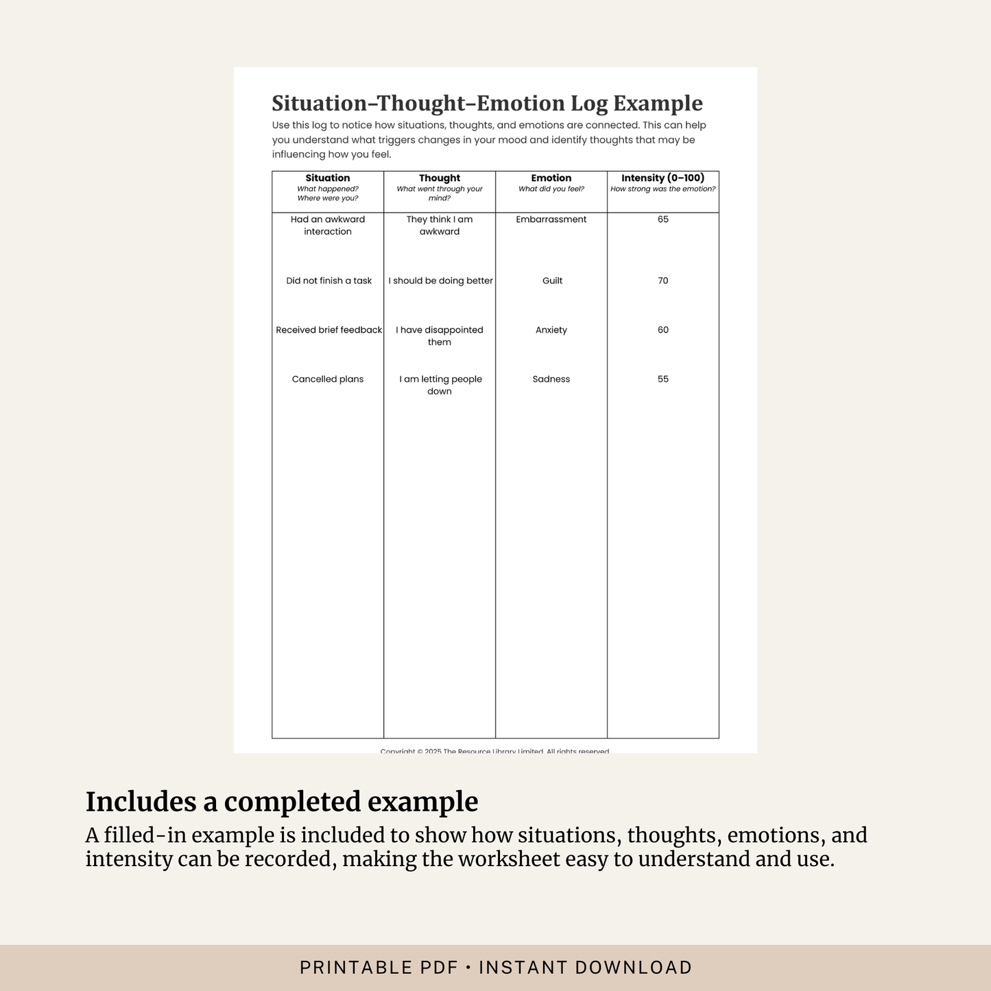 Situation–Thought–Emotion Log Worksheet