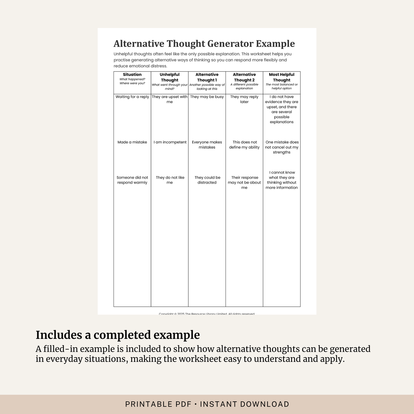 Alternative Thought Generator Worksheet