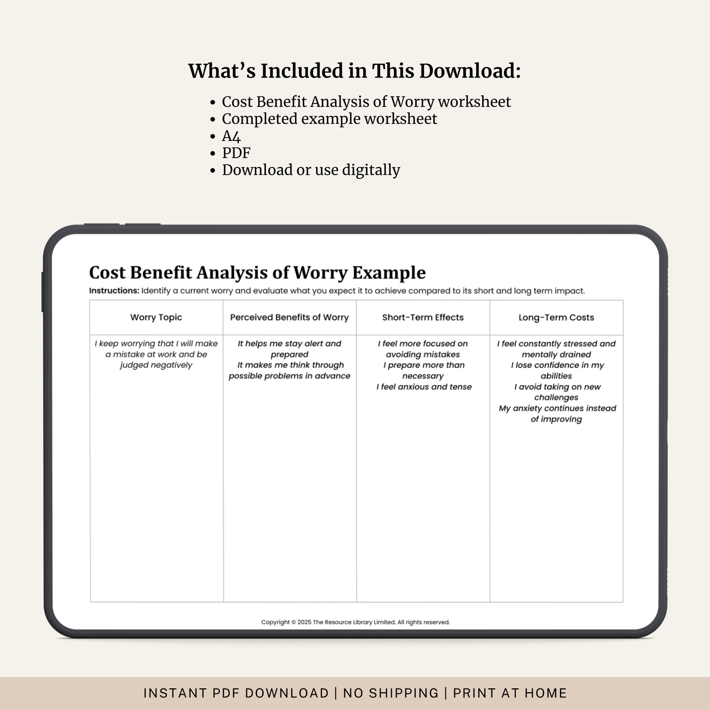 Cost Benefit Analysis of Worry Worksheet
