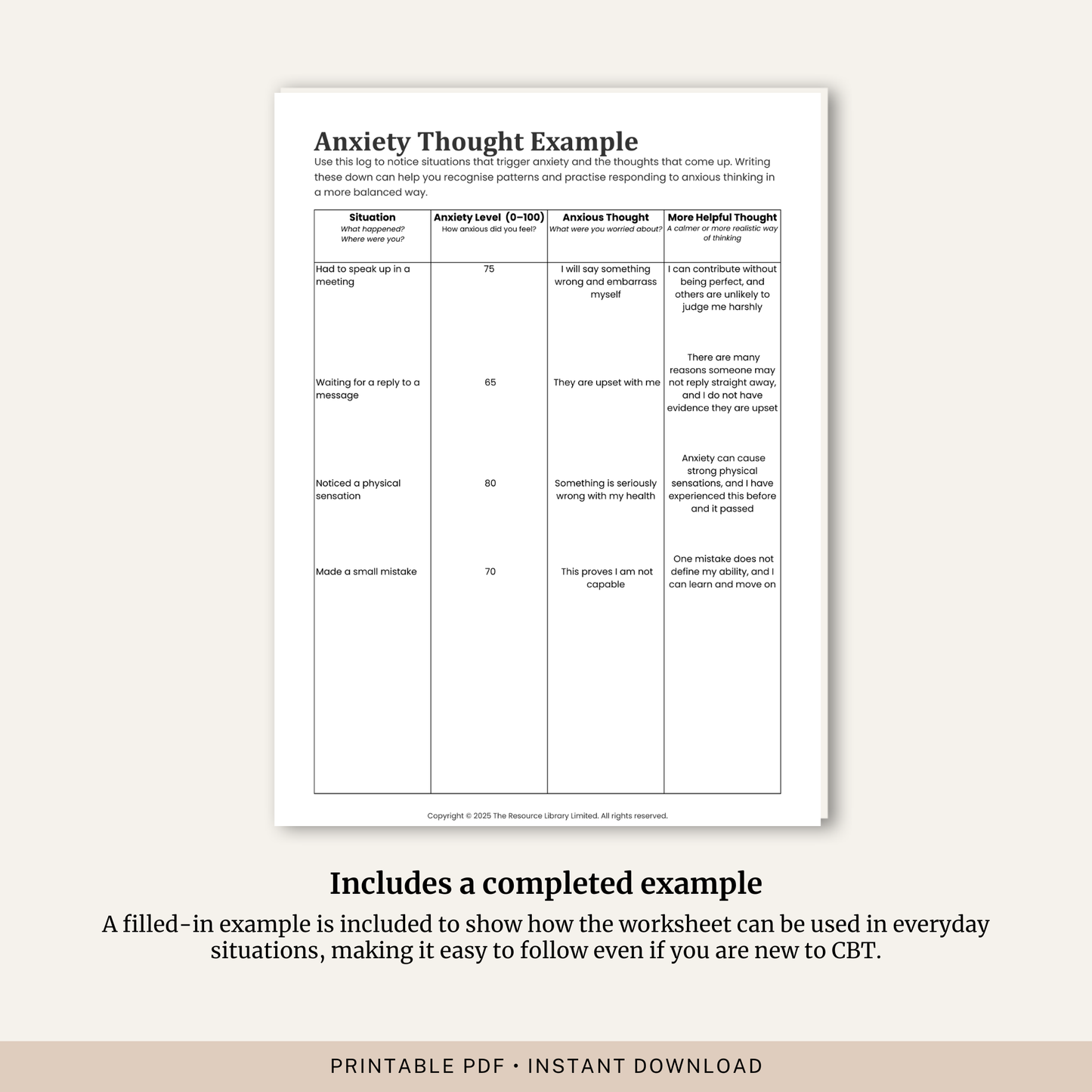 Anxiety Thought Log Worksheet