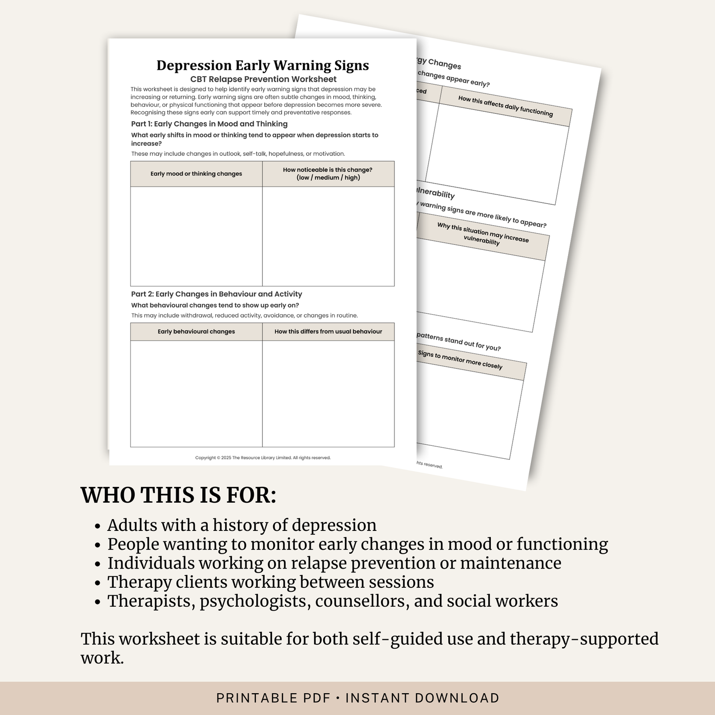Depression Early Warning Signs Worksheet