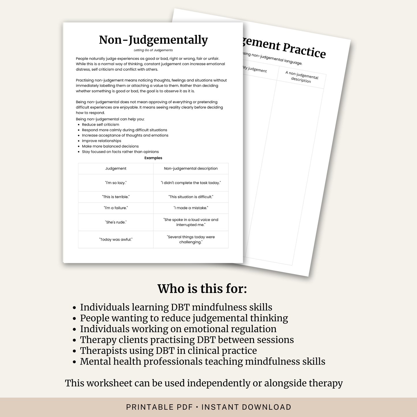 Non Judgementally DBT Skill Worksheet