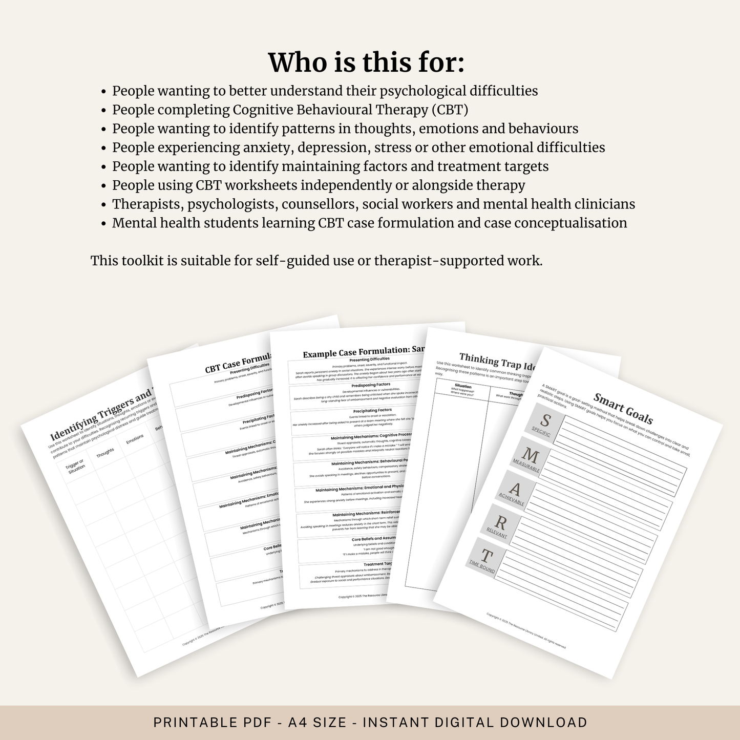 Printable CBT case conceptualisation workbook with worksheets for thoughts, emotions, behaviours, core beliefs and maintaining factors.