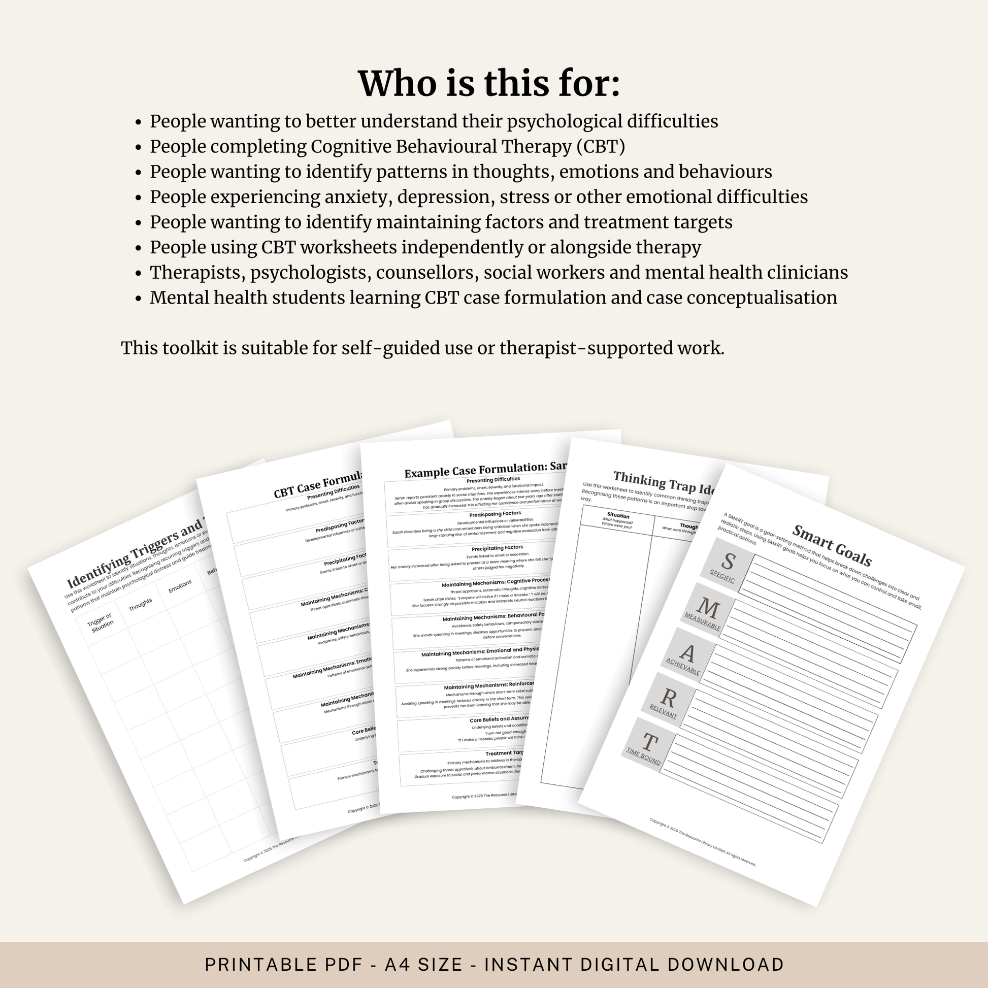Printable CBT case conceptualisation workbook with worksheets for thoughts, emotions, behaviours, core beliefs and maintaining factors.