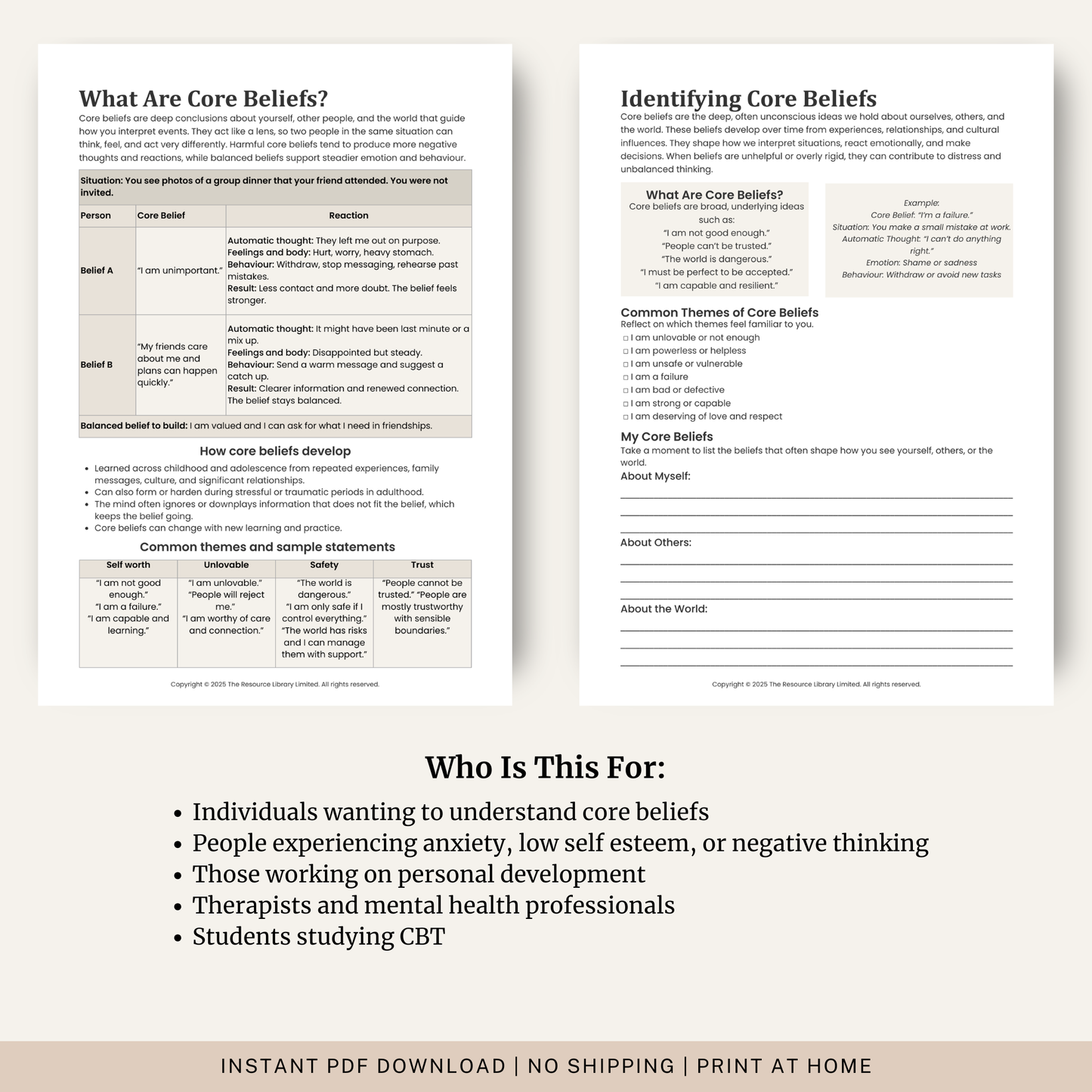 Core Beliefs Worksheets