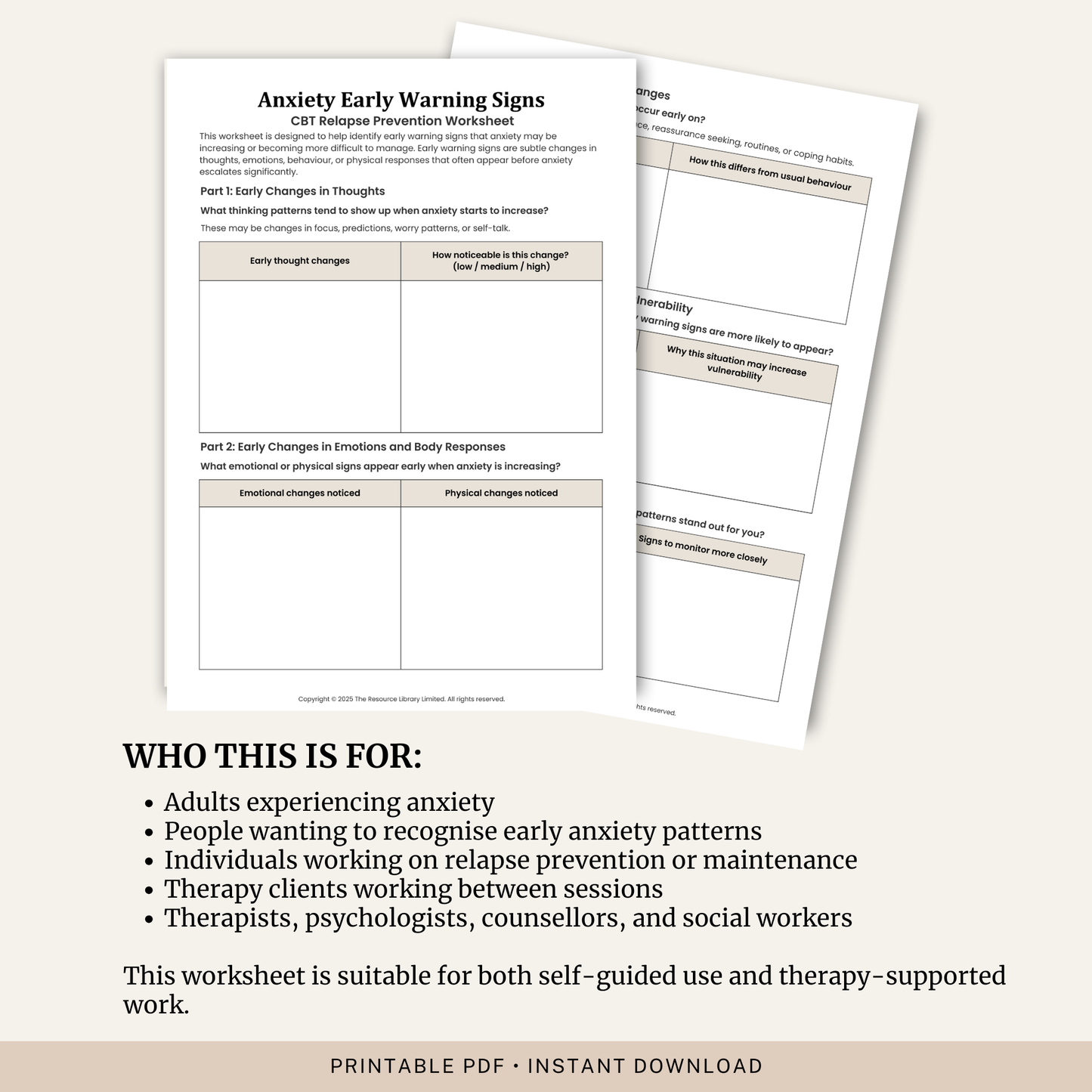 Anxiety Early Warning Signs CBT Worksheet