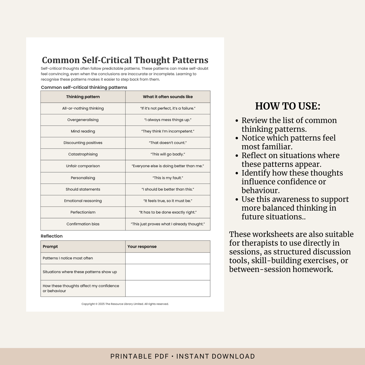 Common Self-Critical Thought Patterns Worksheet