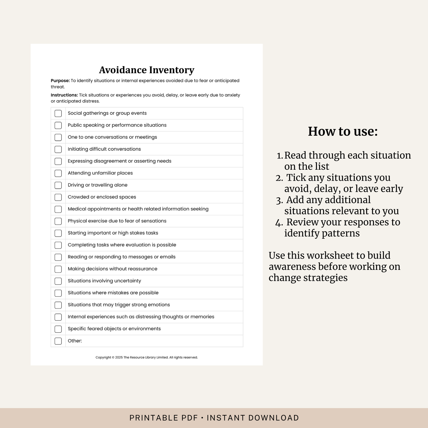 Avoidance Inventory Worksheet