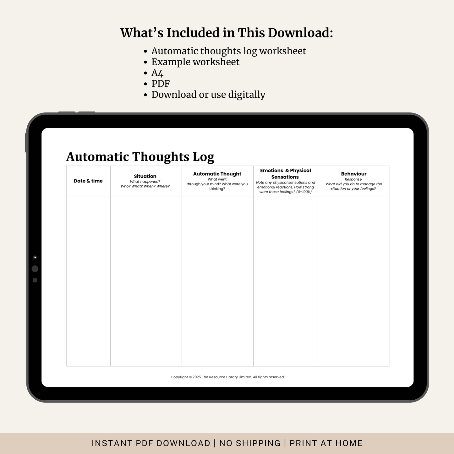 Automatic Thoughts Log Worksheet