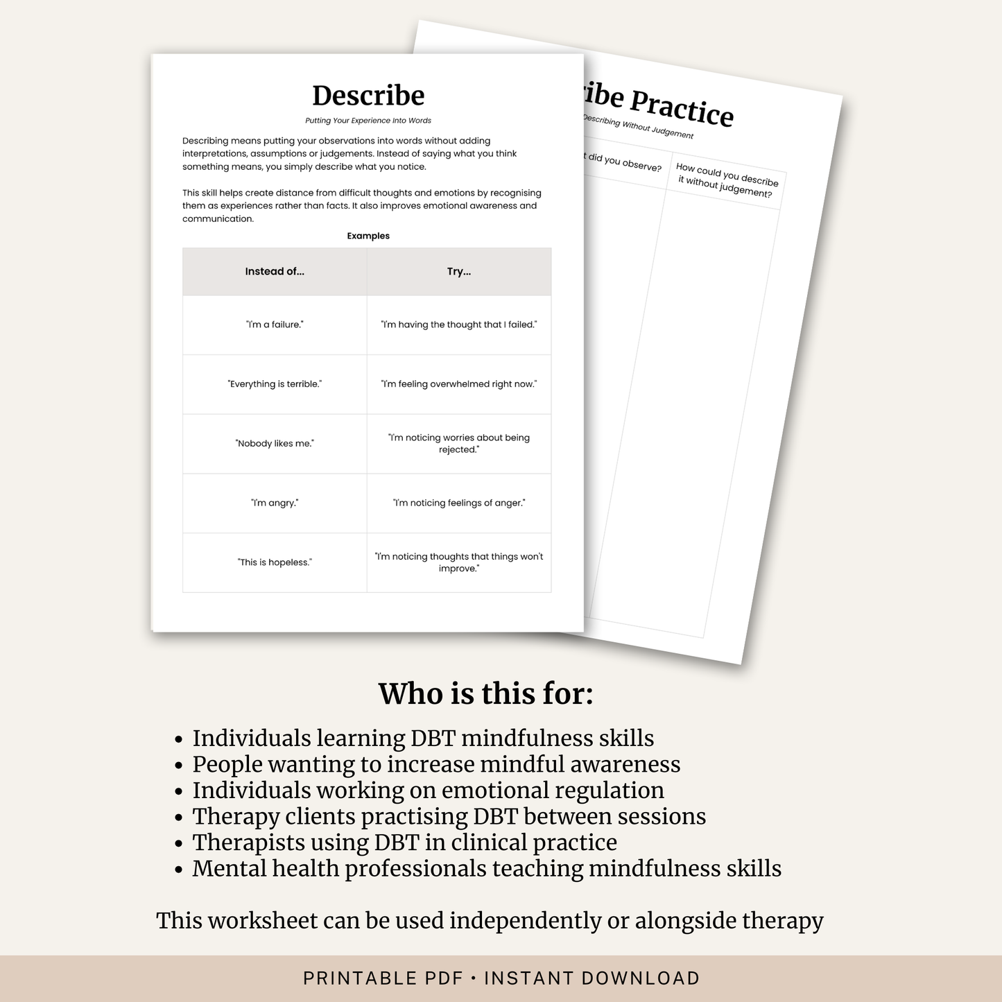 DBT Describe Skill Worksheet