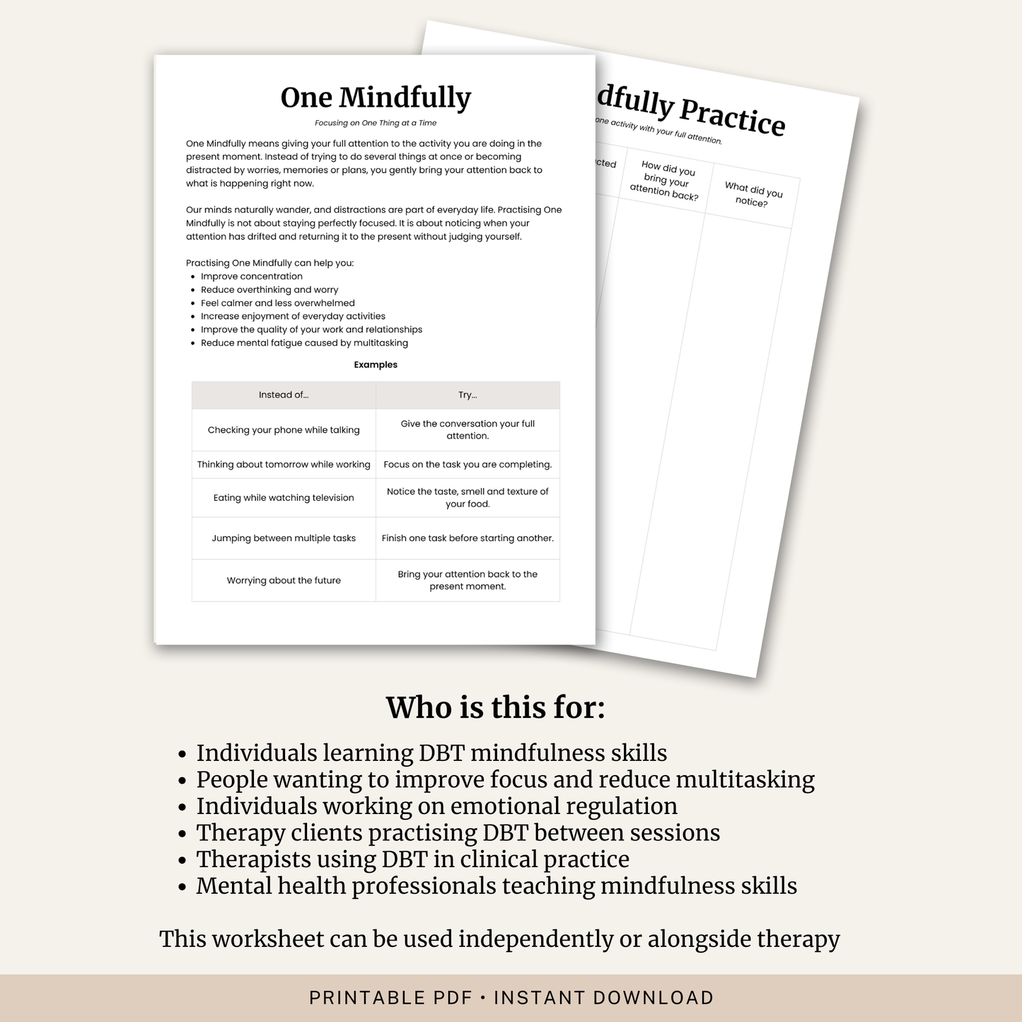 One Mindfully DBT Skill Worksheet