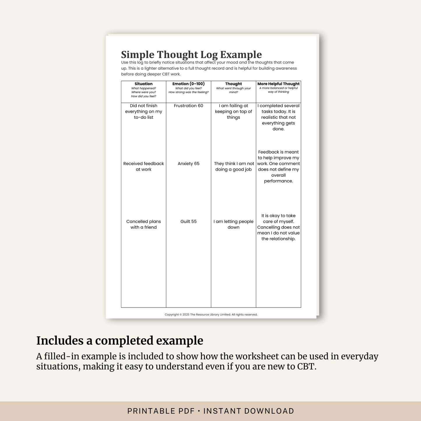 Simple Thought Log Worksheet